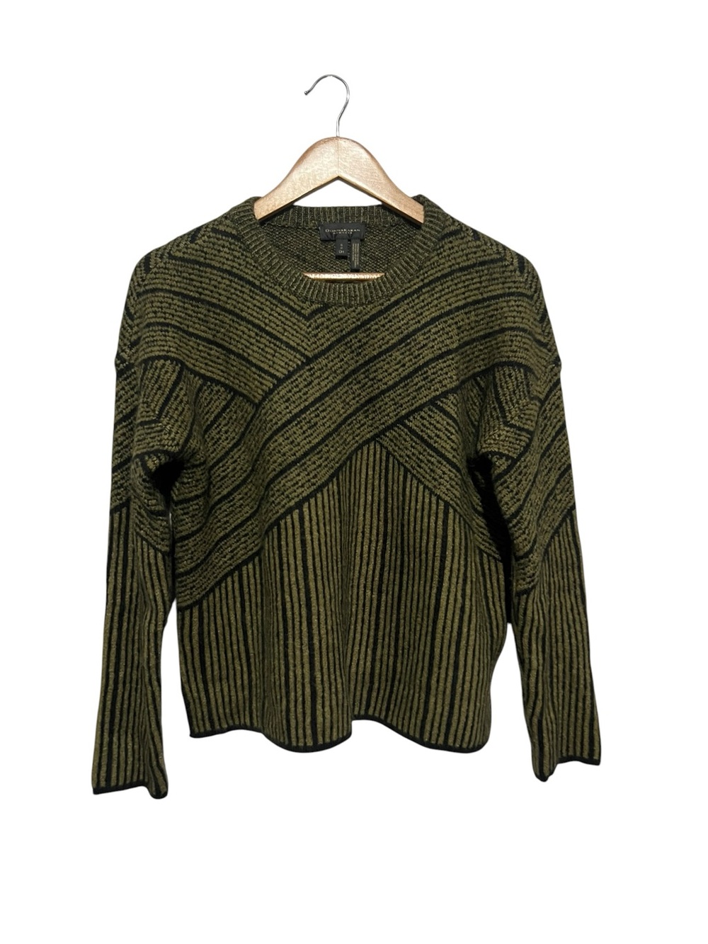 Donna Karan Knit Sweater Petite Small Green Black Pullover Soft Stripes